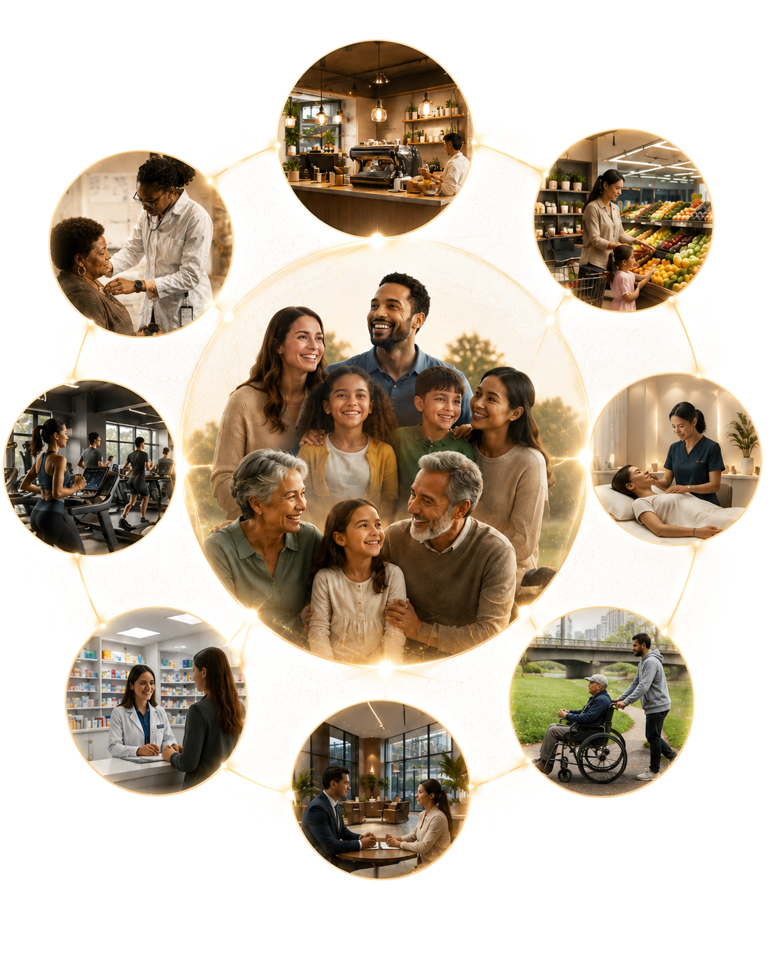 A family at the center of a circle of connected care: doctors, pharmacists, gyms, grocers, and neighbors, linked by golden light
