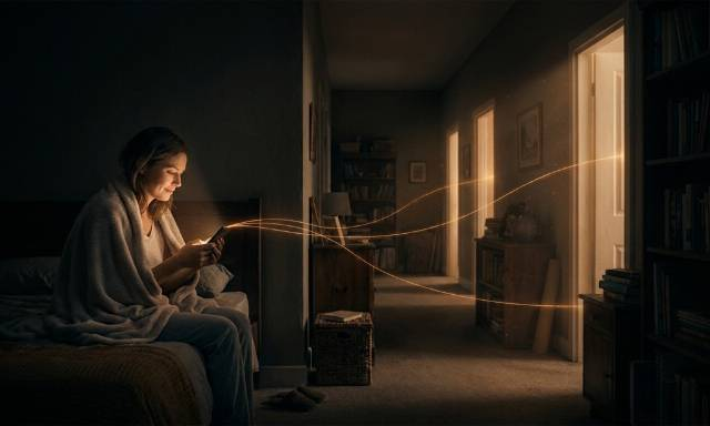 A woman wrapped in a blanket checks her phone in bed at night, threads of golden light drifting down the hallway