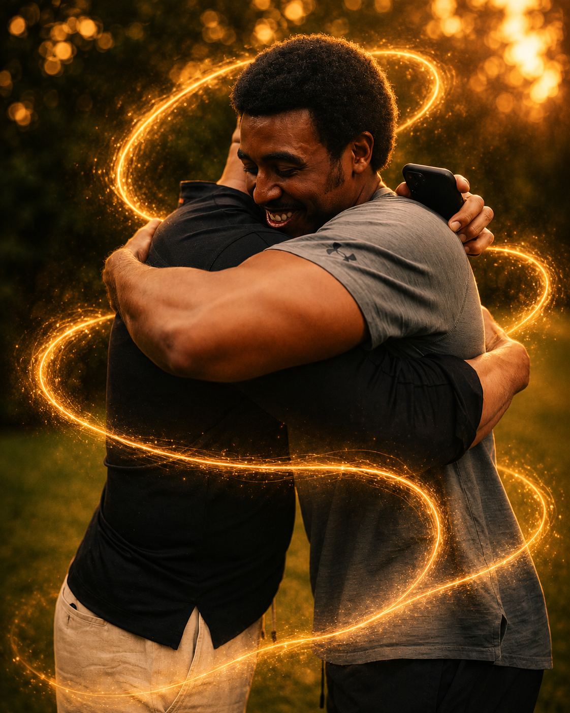Two men embrace at golden hour, a ribbon of golden light wrapping around them