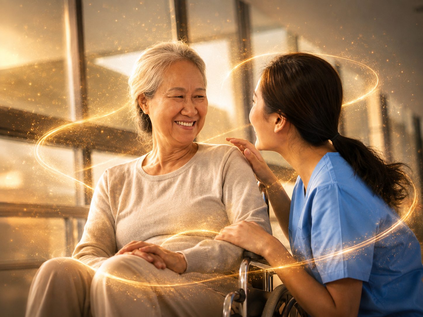 A nurse leans in to share a smile with an older woman in a wheelchair, golden light weaving around them