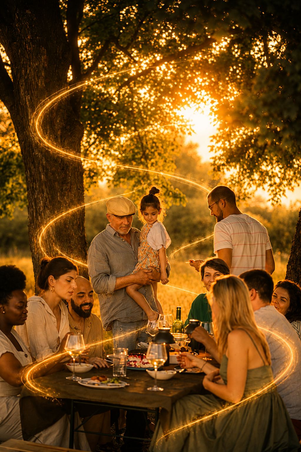A family shares dinner under trees at golden hour, a ribbon of golden light winding around the table