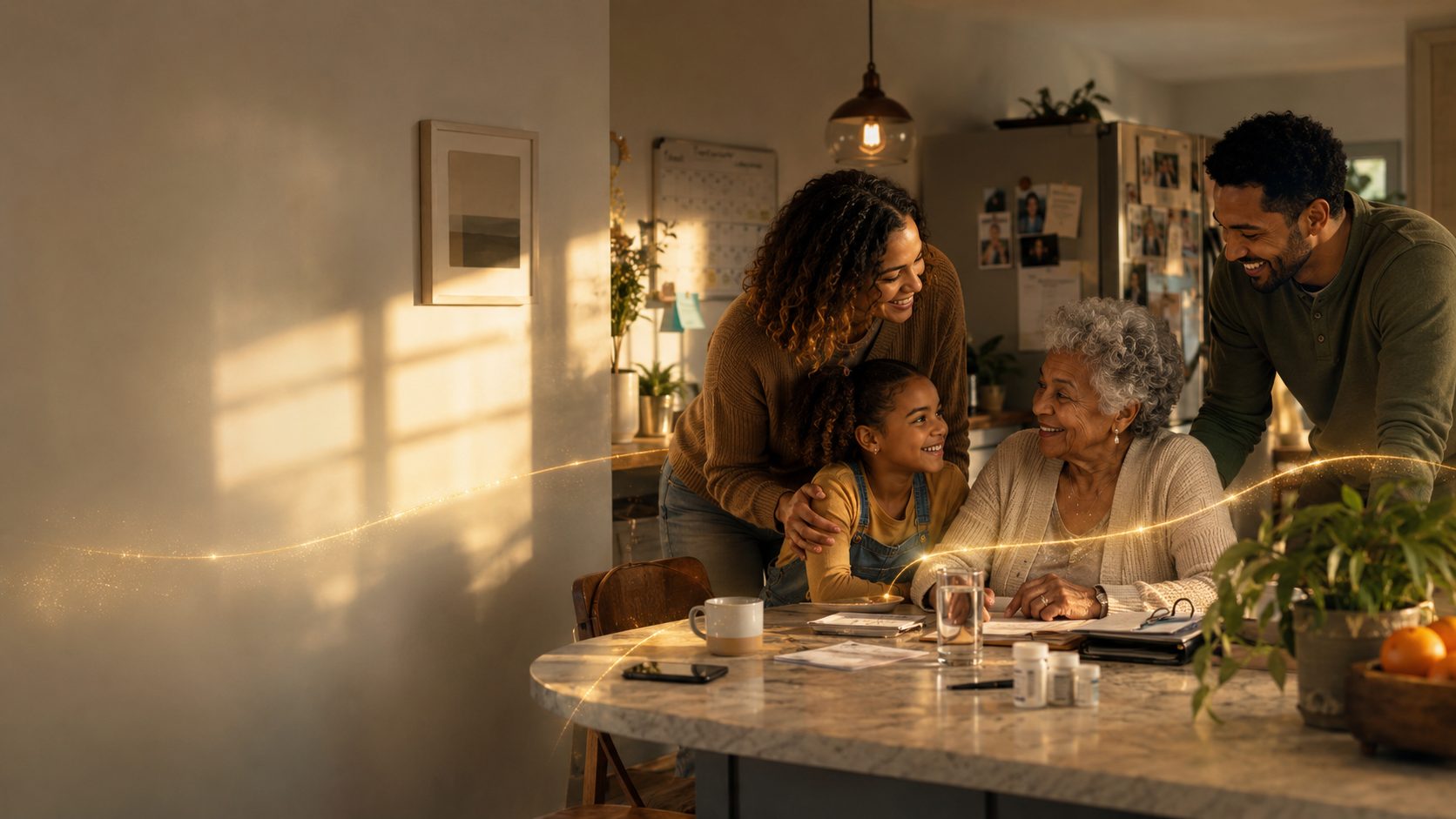 Three generations of a family gathered around a kitchen table in warm morning light, joined by a thread of golden light