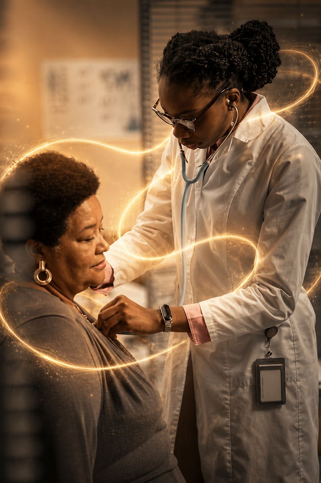 A doctor listens to an older woman's heart with a stethoscope, golden light weaving around them