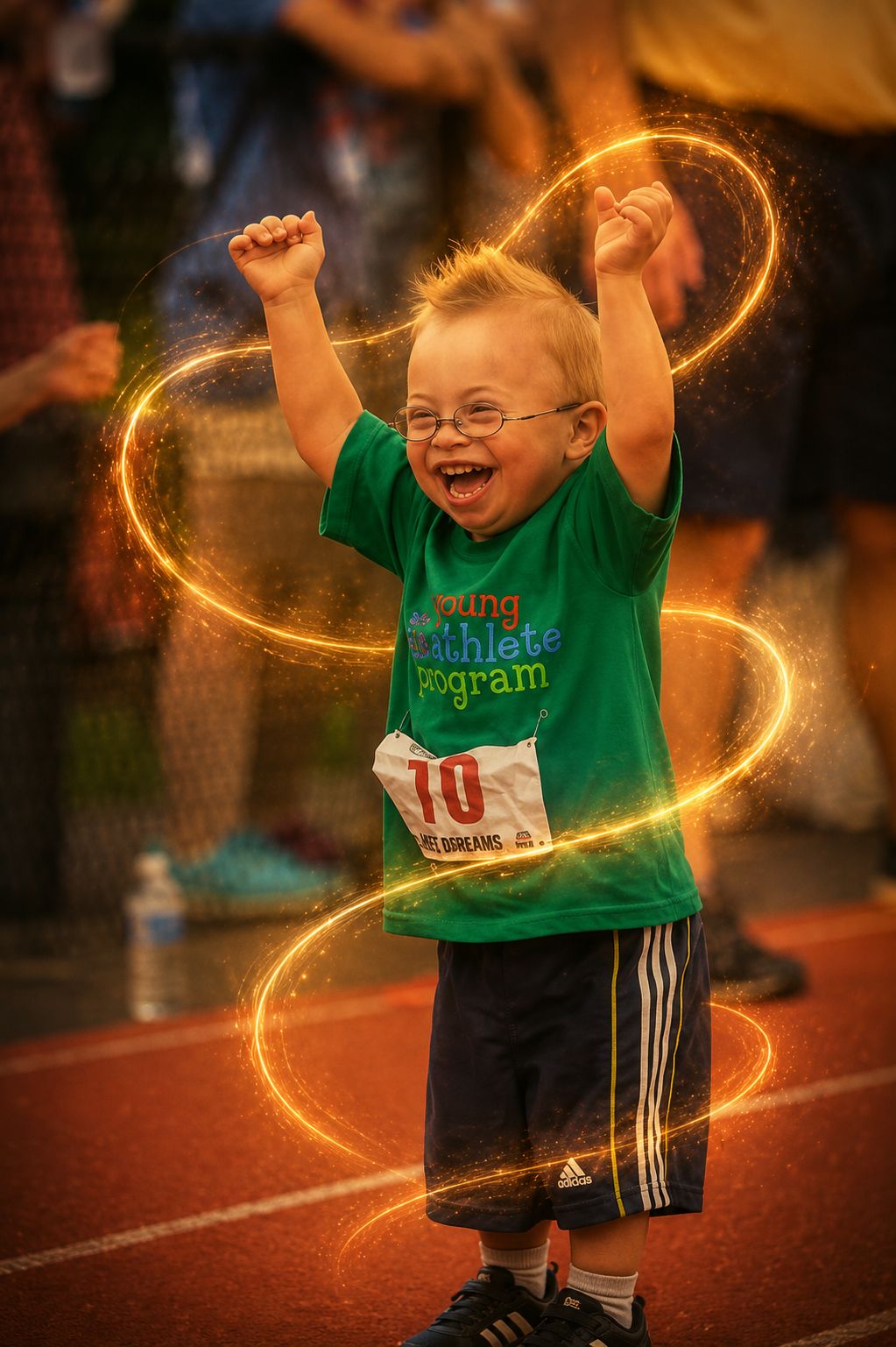 A young athlete celebrates at the finish line, arms raised, ribbons of golden light around him