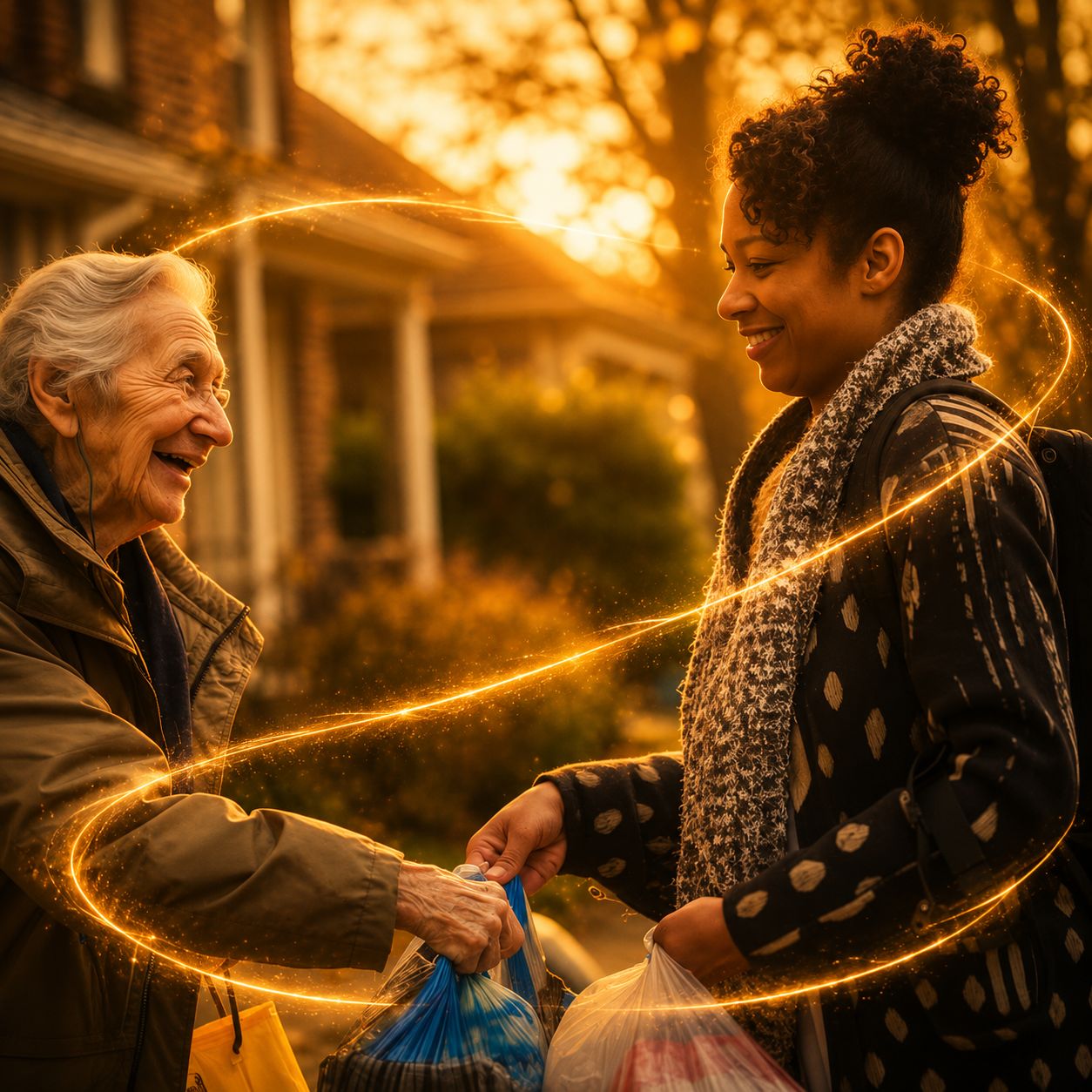 A neighbor hands groceries to a smiling older woman outside her home, circled by golden light