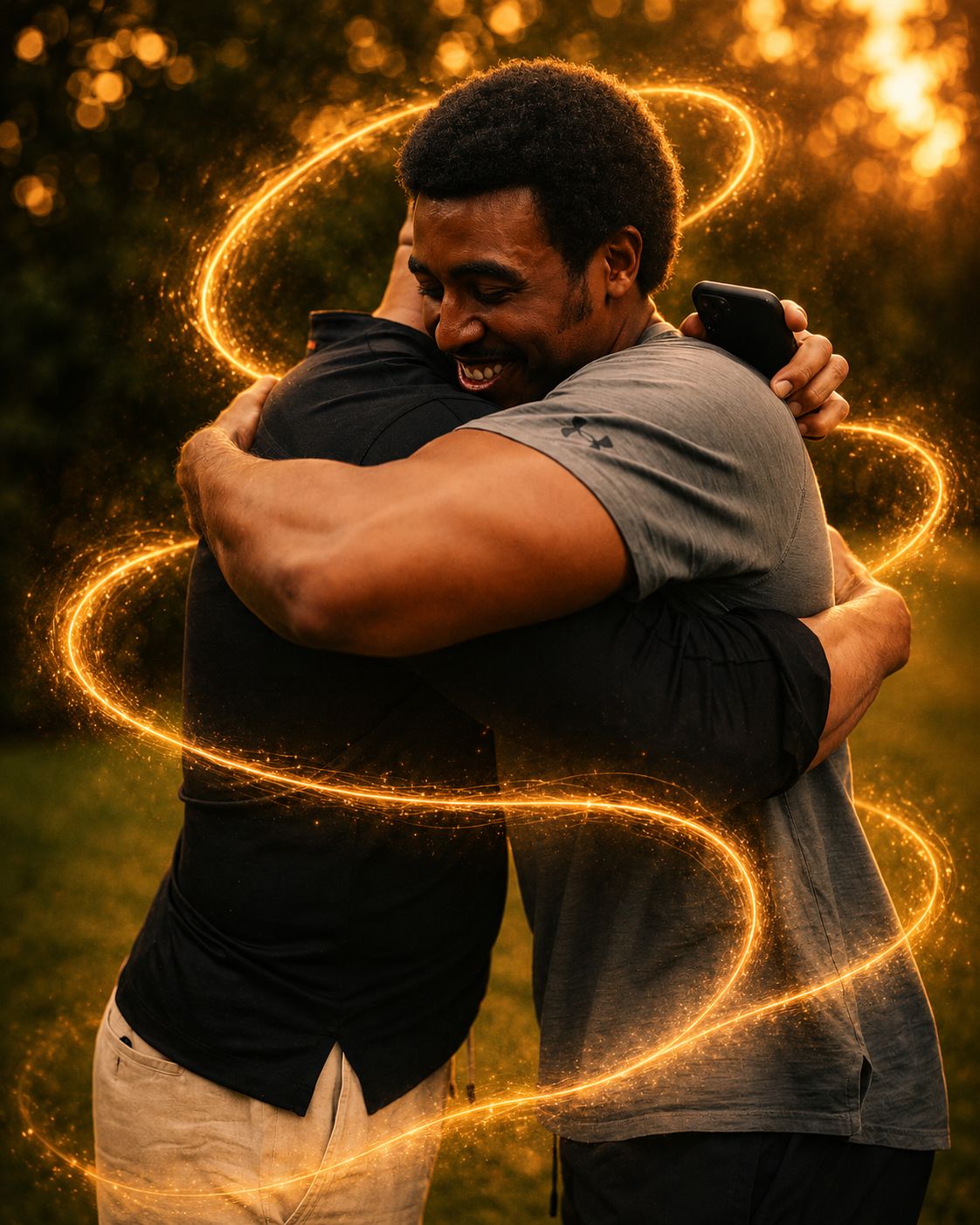 Two men embrace at golden hour, a ribbon of golden light wrapping around them