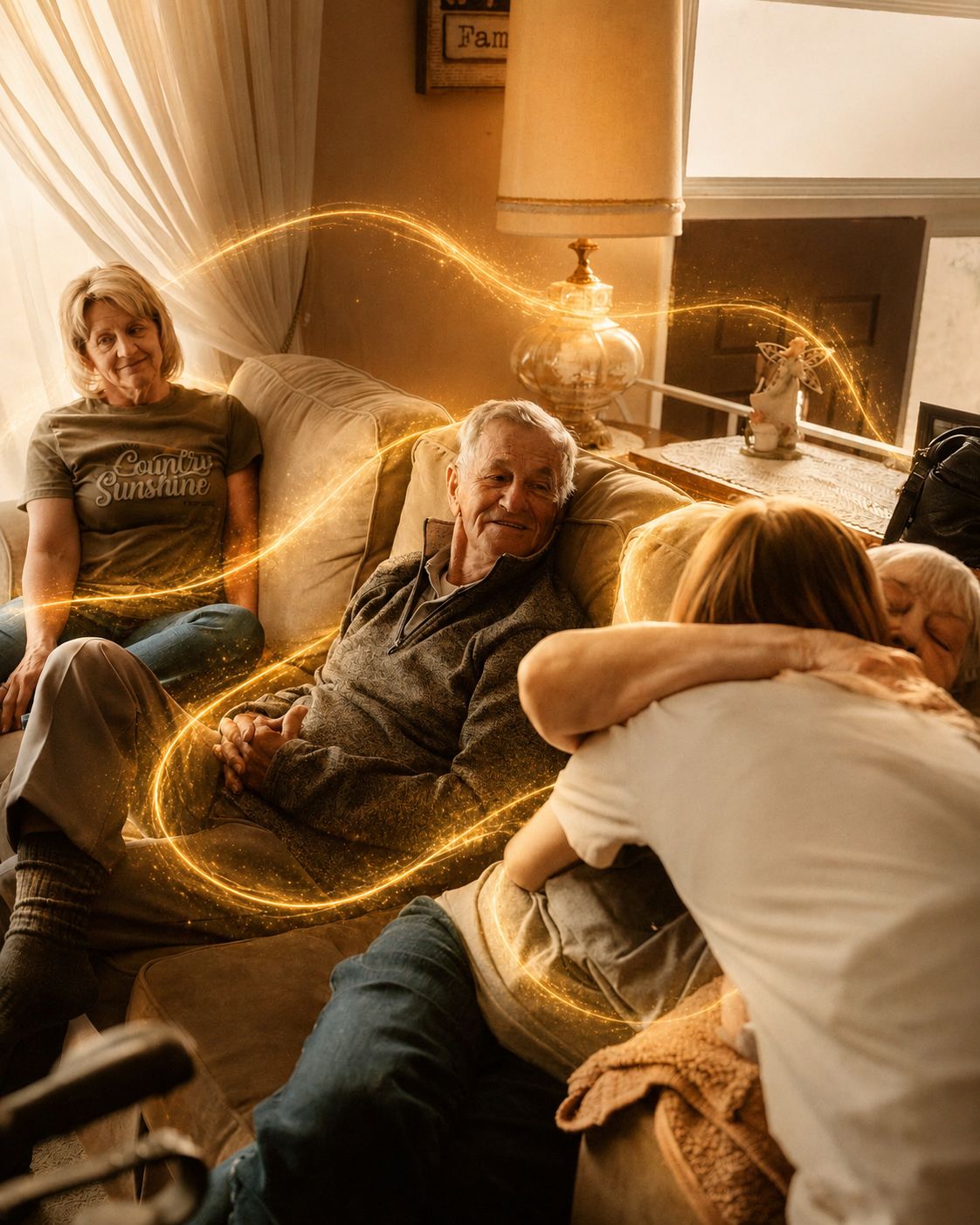 Three generations share a couch in a cozy living room, a granddaughter hugging her grandmother while grandparents smile