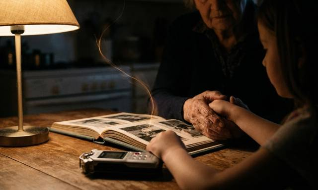A grandmother and granddaughter hold hands over a photo album under lamplight, a voice recorder on the table