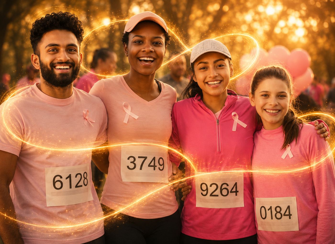 Four smiling walkers in pink with race numbers at a charity walk, ribbons of golden light around them