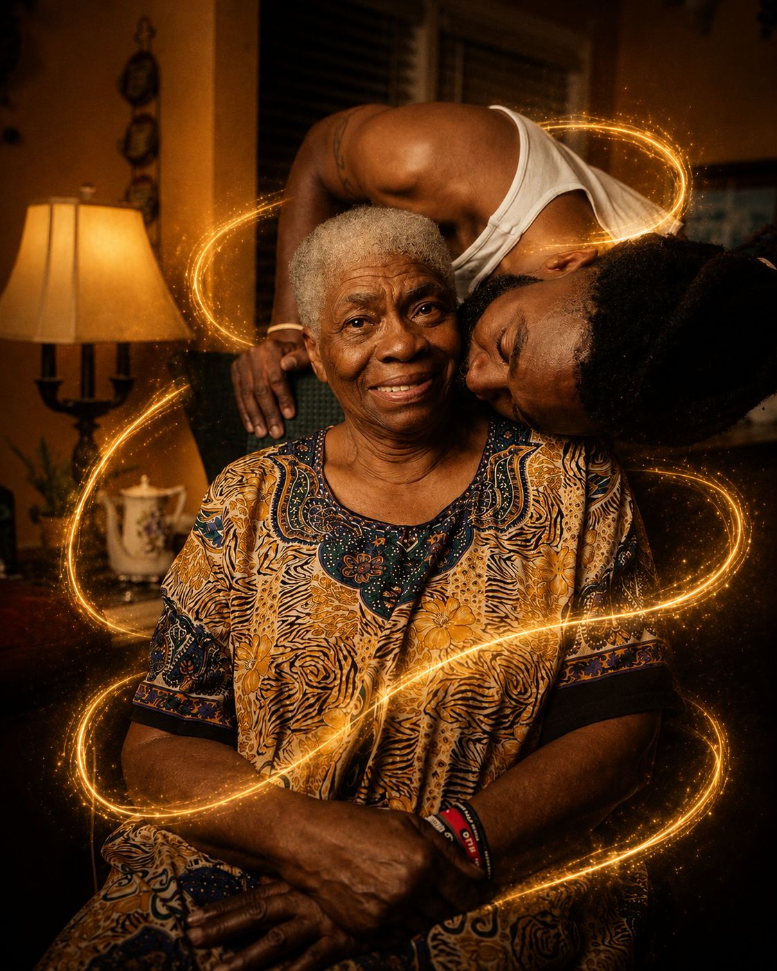 A grandson kisses his grandmother's cheek in a warm living room, ribbons of golden light around them