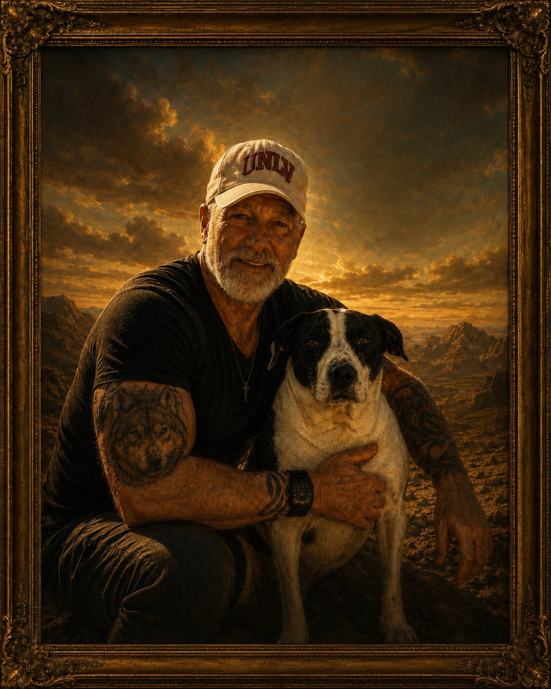 Steve White and Poppy, framed by the words faith, discipline, and family